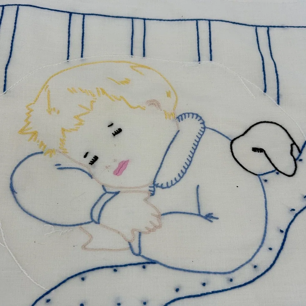 Vtg Hand Embroidered Baby Pillowcase Crochet Lace Trim Sleeping Child 18